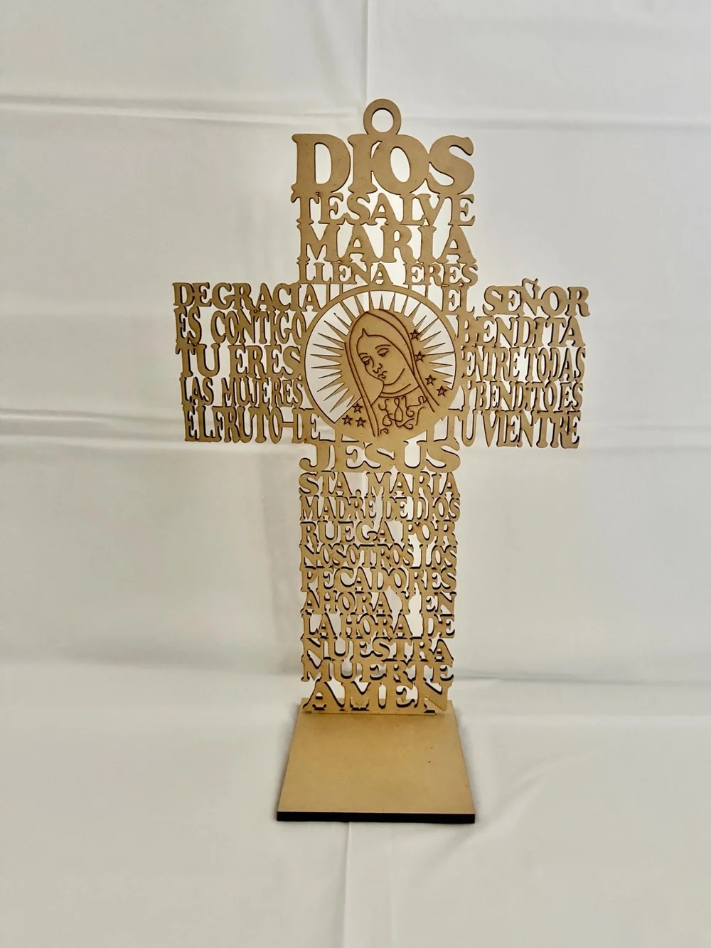 Wooden Laser-Cut Cross with Virgin Mary Design - Natural Wood